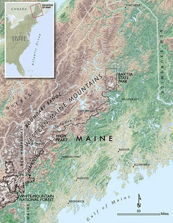 Map of Maine showing the Western Maine Mountains.